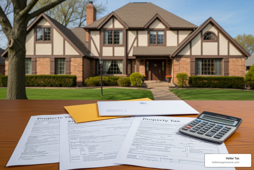 residential home with property tax documents - property tax reduction