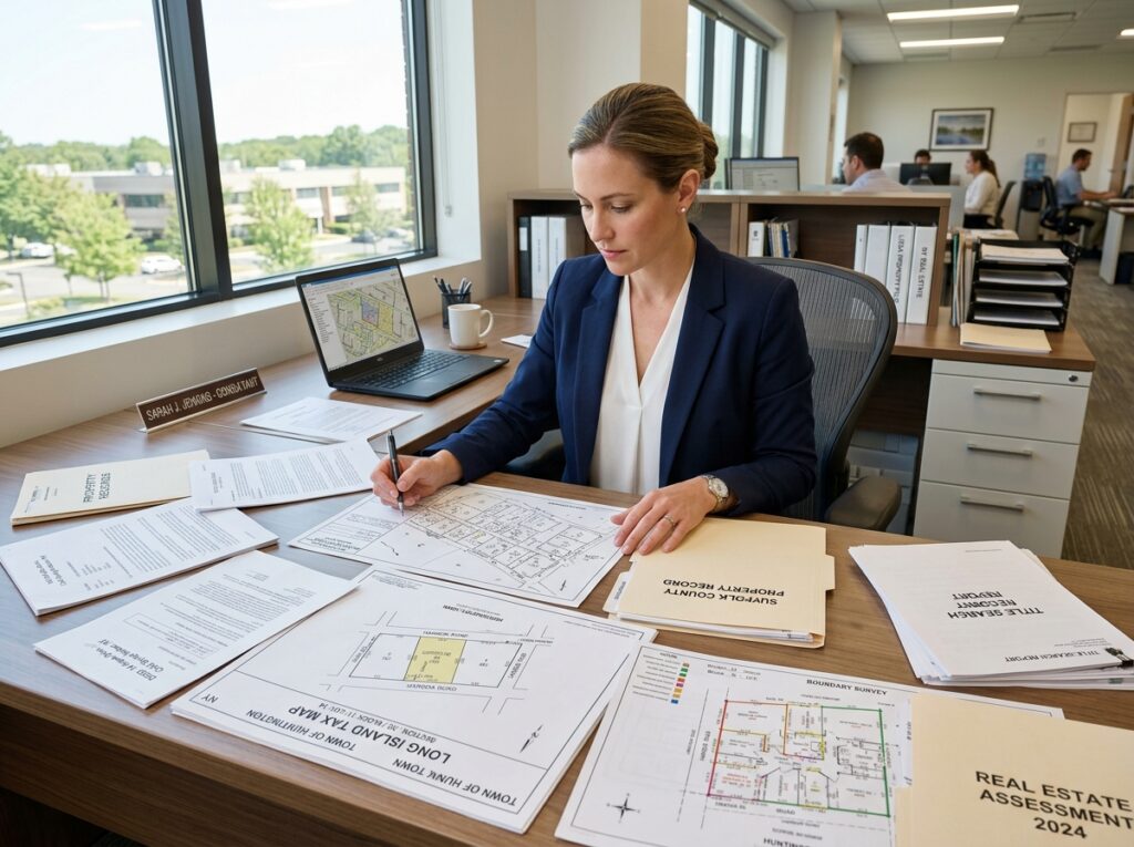 A professional consultant reviewing property records and tax maps for a Long Island home - property tax advisors